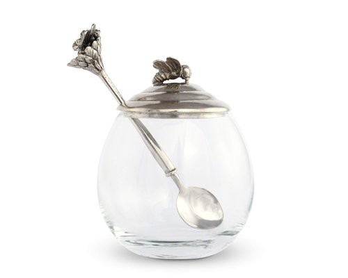 Vagabond House Pewter Bee Glass Honey Pot Jar Jam Jelly Jar with Spoon 5 inch Tall 12 oz