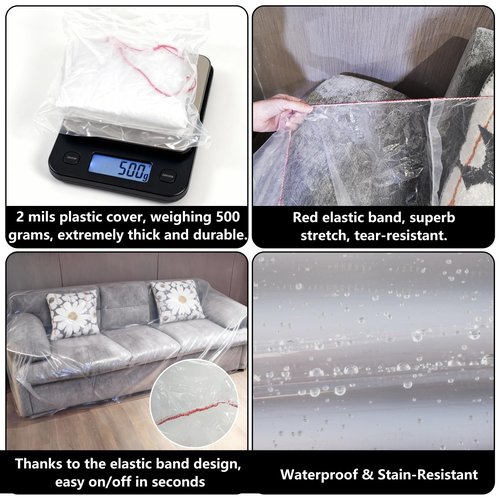Lanboon Plastic Couch Cover Furniture Cover with Elastic Band, Clear Sofa Cover Protector for Moving and Storage, Waterproof & Dustproof Moving Bags for Couch Slipcover 92W x 42D x 42H Inches (Sofa)