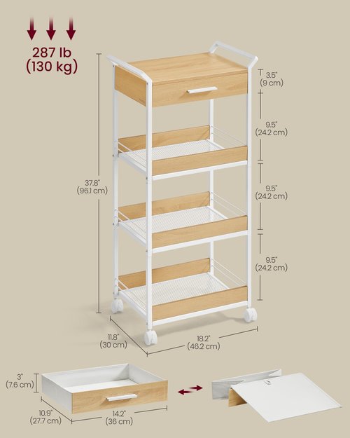 VASAGLE Storage Cart, 4-Tier Rolling Utility Cart with Table Top, Handles, 4 Lockable Casters, Top Drawer, Mesh Shelves, for Kitchen, Bathroom, Bedroom, Golden Oak and Cloud White ULRC049N01