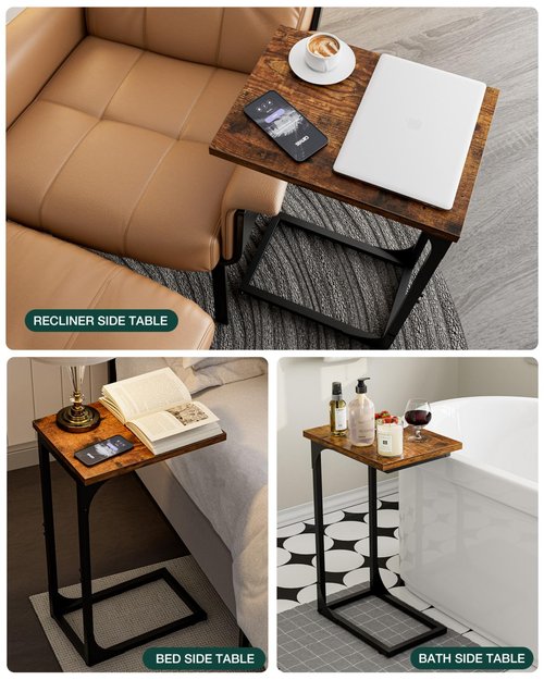 RISWER C-Shaped Side Table for Couch - Small Coffee Stand Sofa Tray Desk with Metal Frame and Waterproof Scratch Resistant, Modern End Accent for Living Room, Bedroom, Small Spaces, Rustic Brown