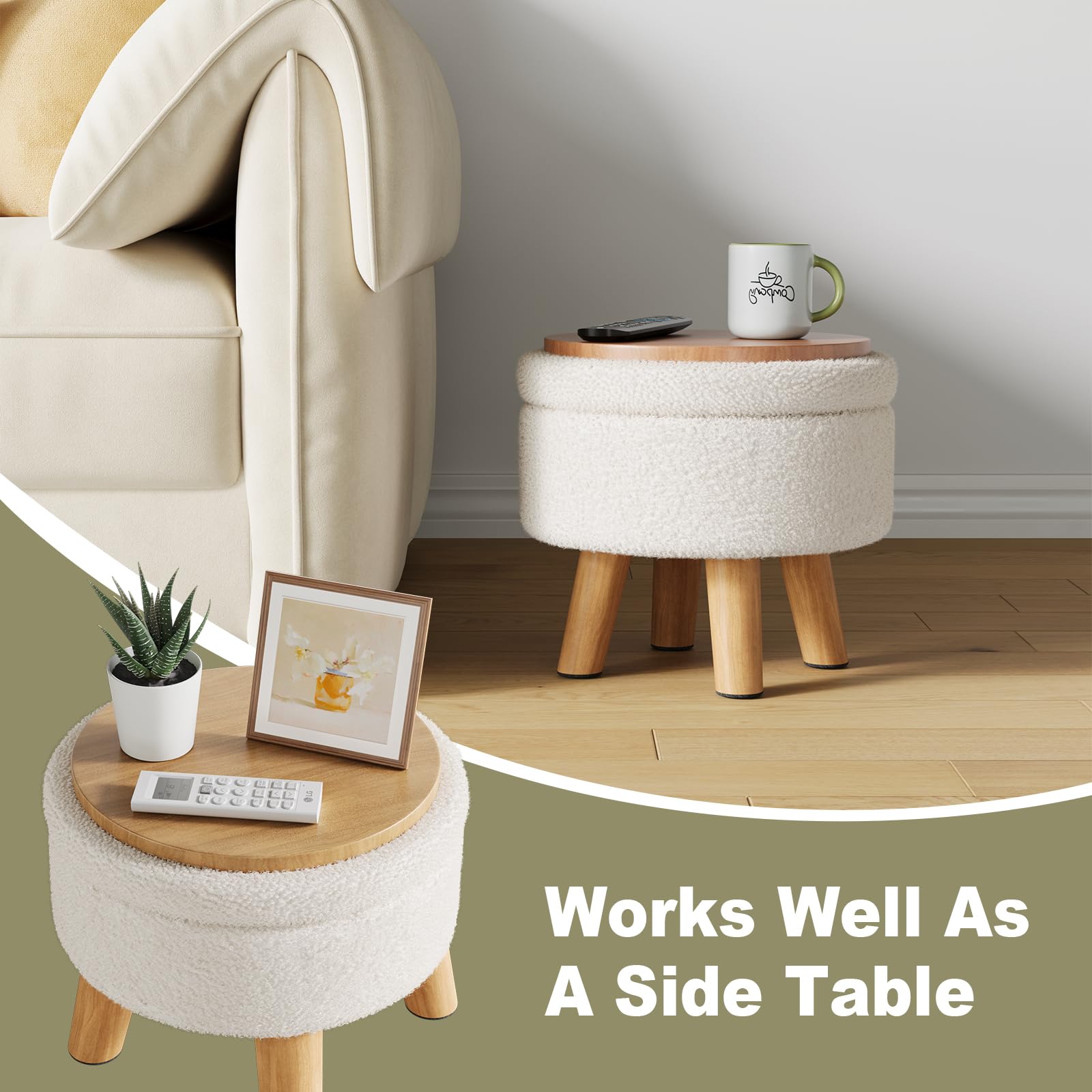 WBKATN Small Ottoman Footrest, White Boucle Foot Stool, Round Pouf Ottoman with Storage, Teddy Velvet Foot Rest for Couch, Living Room, Nursery, Small Coffee Table Ottomans Stool