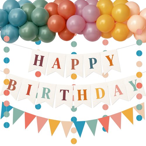 Kriyokiaa Retro Boho Happy Birthday Decorations Set with Groovy Rainbow Balloons, Happy Birthday Banner, Paper Flag, Circle Confetti Garland, Retro Birthday Party Decorations for Indoor Outdoor