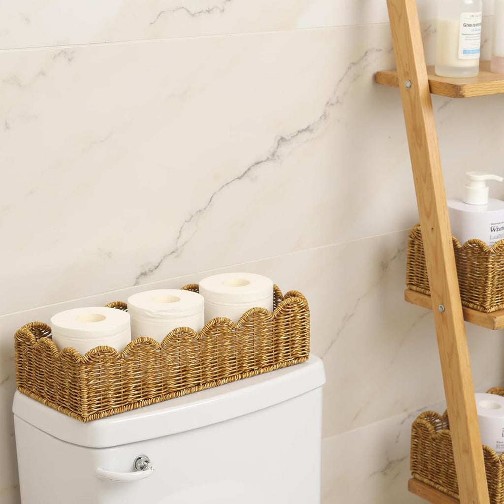 Scalloped Toilet Paper Basket - Water-Resistant Handmade Organizer in Natural Tan | Perfect for Scandinavian Kitchens