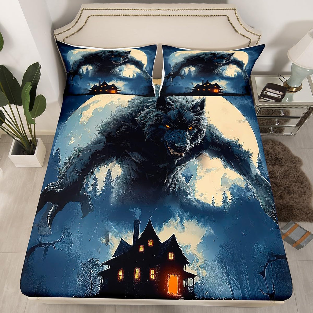 Howling Wolf Fitted Sheet Queen (No Flat Sheet),Gothic Castle Bedding Set Kids Boys Teens Men Room Decor,Western Moon Night Werewolf Bed Sheets Horror Wild Animals Deep Pocket Sheet,2 Pillowcases