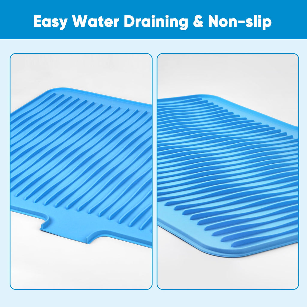 Silicone Dish Drying Mat for Kitchen Counter, Non-slip Surface and Heat-resistant Food Grade Kitchen Counter Protector with Drain Lip, Easy Clean and Storage for Multiple Usage, 23*17 inch Large Size