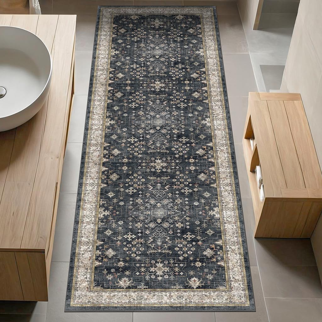 Skiennix Black Boho Runner Rug - Washable, Non-Slip, Soft & Stain Resistant | 2x6 ft for Hallway, Kitchen & Bedroom