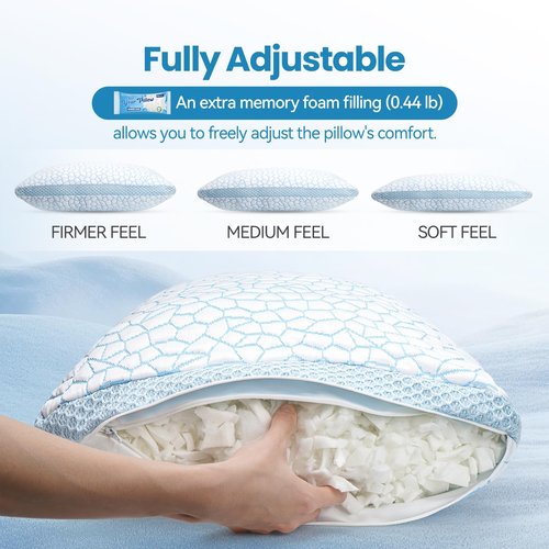 QUTOOL Double Sided Cooling Pillow for Hot Sleepers, Shredded Memory Foam Pillows Standard Size Set of 2, Adjustable Soft & Firm Gel Bed Pillow for Side, Back, Stomach Sleepers