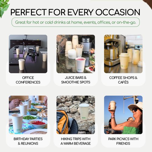 Living Balance Certified Compostable Coffee Cups with Bagasse Lids 12 oz – 75 Pack Cups with Stirrers & Integrated Sleeves | Leak Proof, BPA-Free & CPLA Certified Plant-based | To-Go cup for Drinks