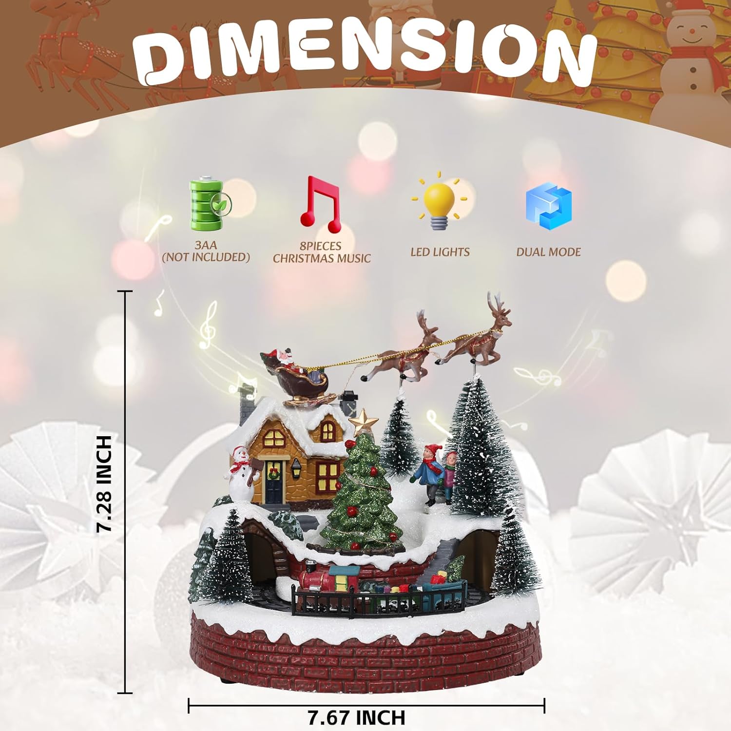 Vipush Christmas Village House Decorations - Resin Train Set with LED Lights & 8 Holiday Songs | Flying Santa Figurines