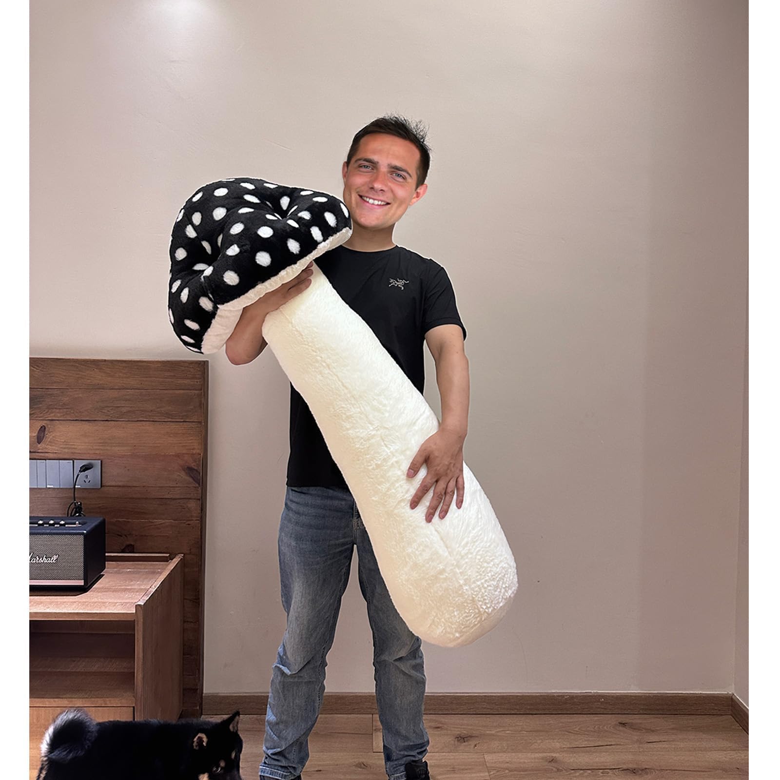 Hofun4U Giant Mushroom Plush Pillow - 51 inch Mushroom Shaped Stuffed Long Body Pillow - Polka Dot Mushroom Plush - Christmas Birthday Gifts Choice Home Decoration (Black)
