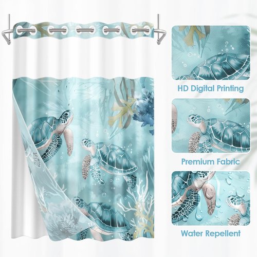 Nesphy No Hook Nautical Teal Sea Turtles Shower Curtain with Snap in Fabric Liner Set, Ocean Beach Double Layers Waterproof Fabric with See Through Top Window Open Grommet Bath Curtain 71x74 Inch