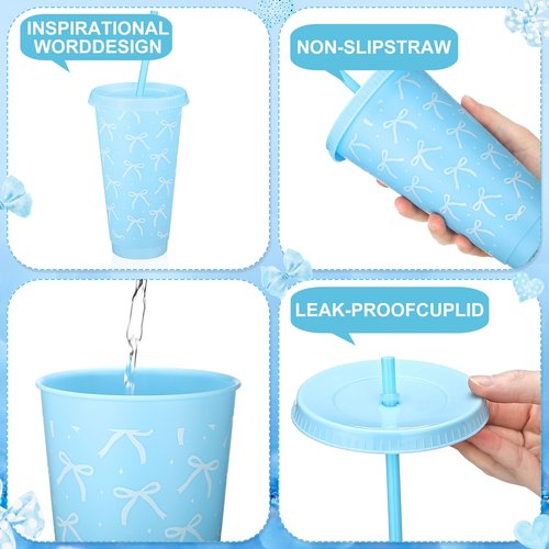 Pickmesh 12 Pcs 24 oz Blue Bow Plastic Cups with Lid and Straw Gift Coquette Bow Birthday Decorations Reusable Party Cups Tumbler Water Bottle Gift for Wedding Bridal Engagement Baby Shower