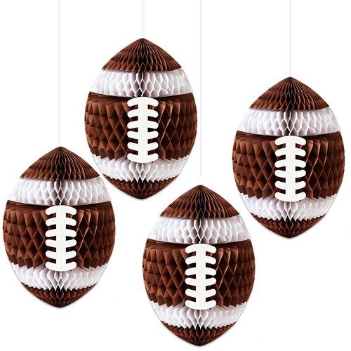 4 Pack Football Honeycomb Decorations, Hanging Tissue Paper Centerpieces, 3D Brown Sports Ball Ornaments for Football Party, Game Day, Tailgate, Birthday, Baby Shower, and Classroom Decor