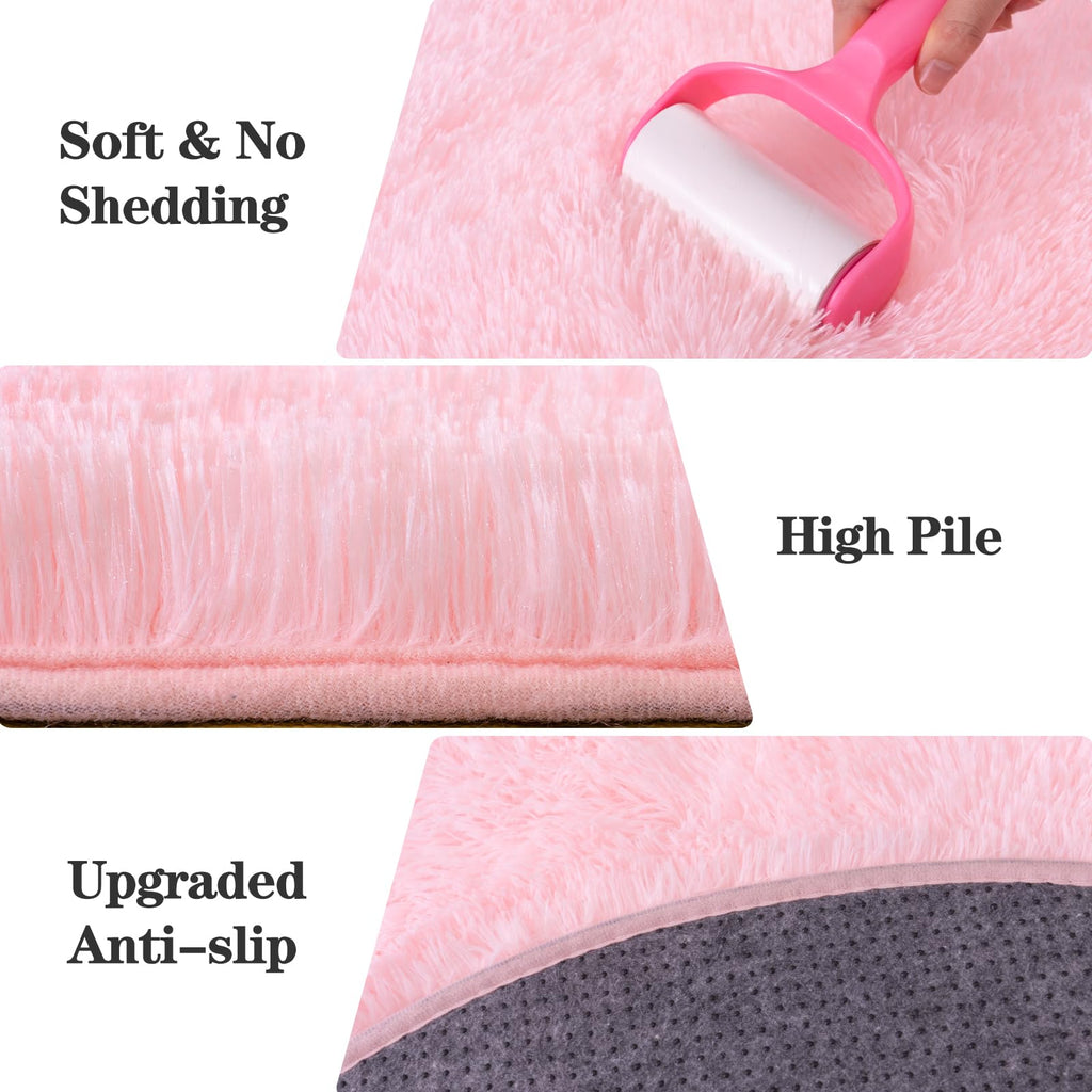 Round Fluffy Pink Rug for Bedroom, 4Ft Fuzzy Shag Circle Area Rug for Girls Kids Room Nursery, Soft Non Slip Plush Carpet for Dorm Living Room Home Decor
