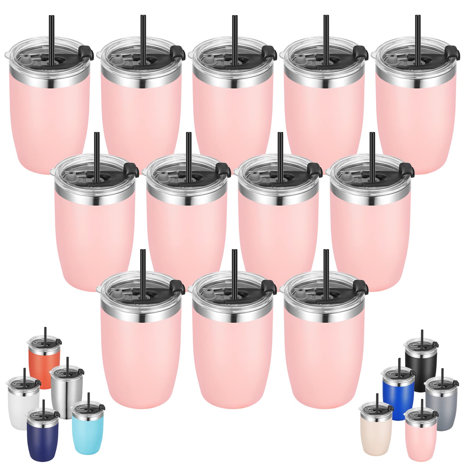 VEGOND Stainless Steel 12 oz Tumblers bulk Vacuum Insulated Double Wall Travel Tumbler with Lid and Straw Reusable Tumbler,Pink 12 pack