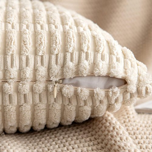 MIULEE Corduroy Decorative Throw Pillow Covers - Soft Boho Striped Design | 12x12 Inch Cream White for Sofa & Living Room