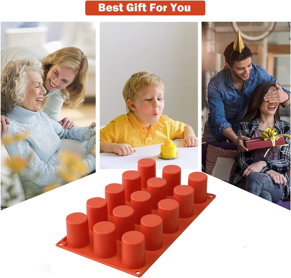 TOPYS 2Pcs 15 Cavities Cylindrical Fondant Silicone Mold DIY Cylinder Pastry Cupcake Jelly Mousse Pan Pudding Muffin Chocolate Making Supplies Cookie Shot Moluds For Baking