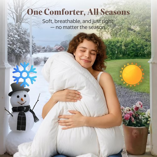 Oaken-Cat Goose Feather Down Fiber Comforter Queen Size - 100% Organic Cotton Shell All Season Duvet Insert, Medium Warmth Hotel Luxury Bedding Comforter(90x90 Inch, White)