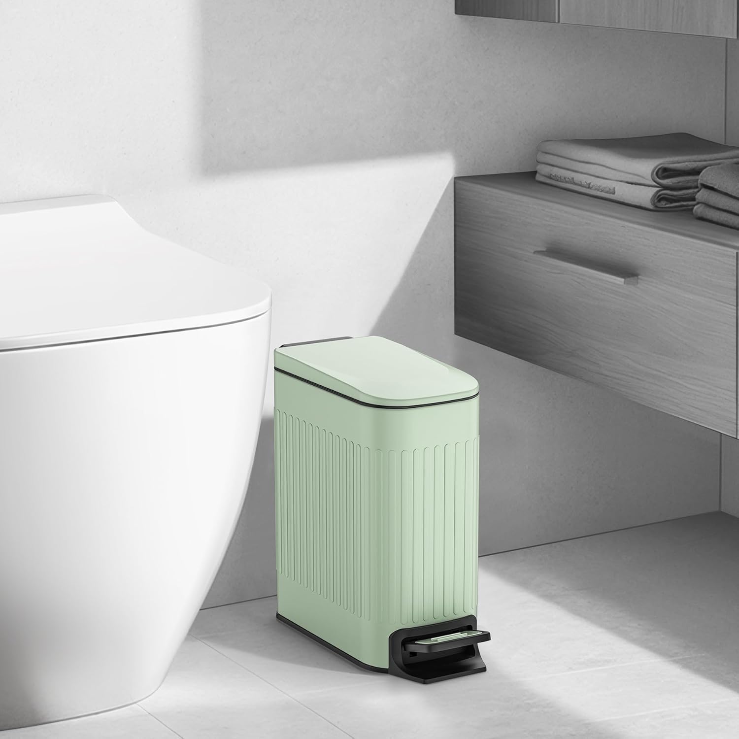 TIPGO Slim Bathroom Trash Can - Soft Close Lid & Step Pedal, 6L Stainless Steel Bin | Green
