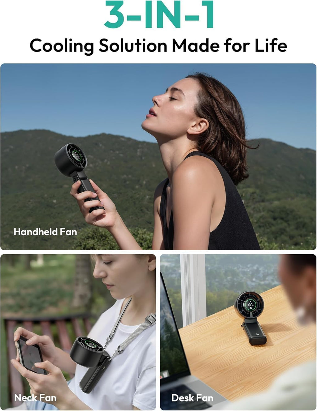 Aecooly Portable 3-in-1 Handheld Fan - USB Rechargeable Mini Fan with 22H Max Cooling Time | Black