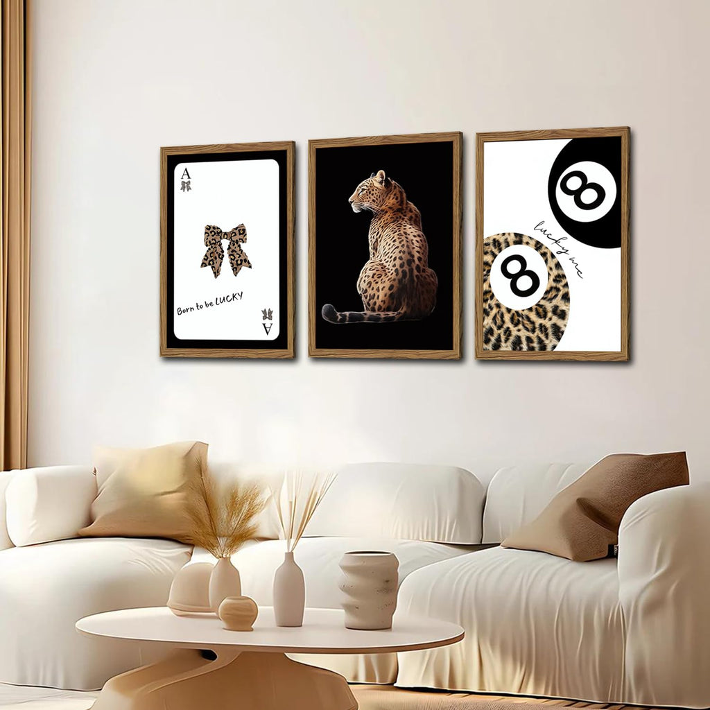 Trendy Cheetah Wall Art Set of 3 Black and White Leopard Bow Wall Decor Painting Lucky 8 Ball Poster Canavs Print Aesthetic for Bedroom Living Room 16x24 inch Wood Framed
