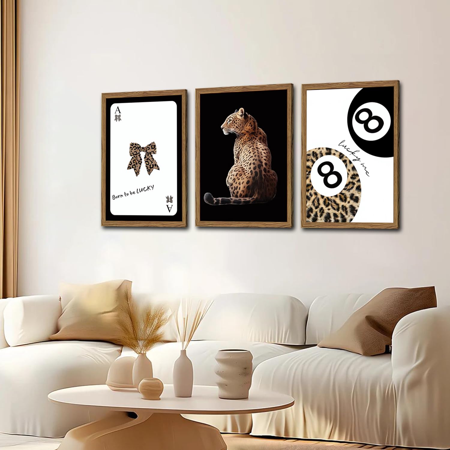 Trendy Cheetah Wall Art Set of 3 Black and White Leopard Bow Wall Decor Painting Lucky 8 Ball Poster Canavs Print Aesthetic for Bedroom Living Room 16x24 inch Wood Framed