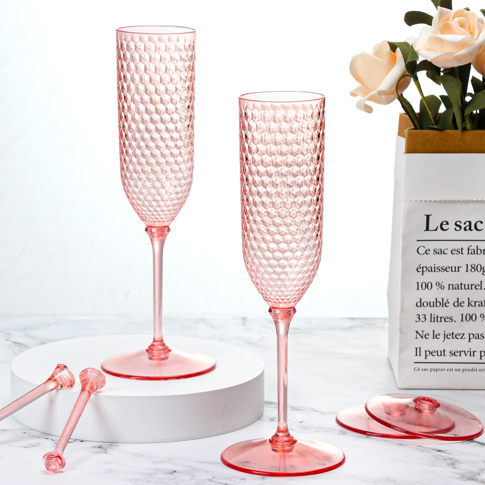 XUWAIDSGN 48 Pack Pink Detachable 2 piece Champagne Flutes 5.5 Oz Unbreakable Plastic Mimosa Disposable Champagne Glasses Drinking Cups Stemmed Reusable Wine Toasting Glasses for Wedding
