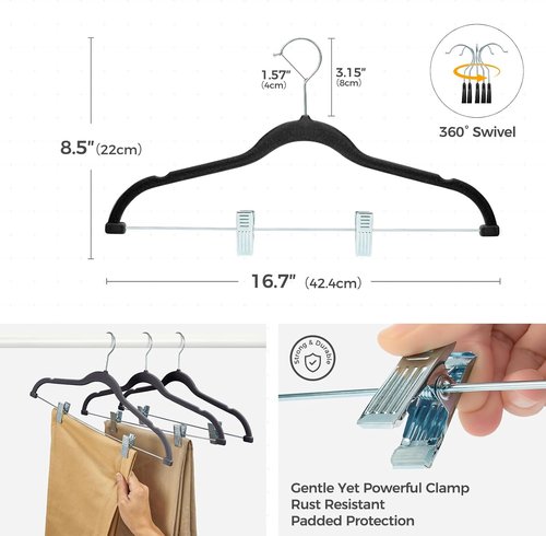 HOUSE DAY Velvet Hangers - Non-Slip Adjustable Clips 20 Pack | Heavy-Duty 360° Hook for All Clothing (Black)
