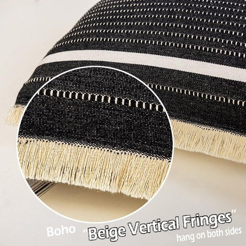 CARRIE HOME Modern Farmhouse Black Striped Lumbar Pillow Cover 12x20 with Tassels 1 Pack, Boho Decor Black and White Neutral Pillow Cover 12 x 20, Black Decorative Throw Pillows for Bed Couch Sofa