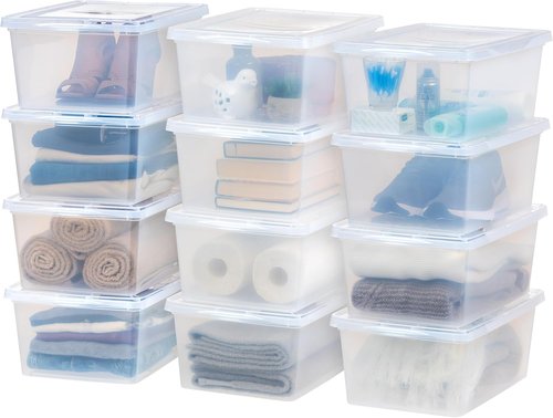 IRIS USA Storage Bins - 12-Pack Clear Stackable Containers with Lids for Organizing Shoes & Classroom - 17 Quart