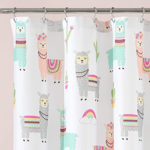 Lush Decor Southwest Llama Cactus Shower Curtain, White & Blush - Cute Colorful Boho Kids Bathroom