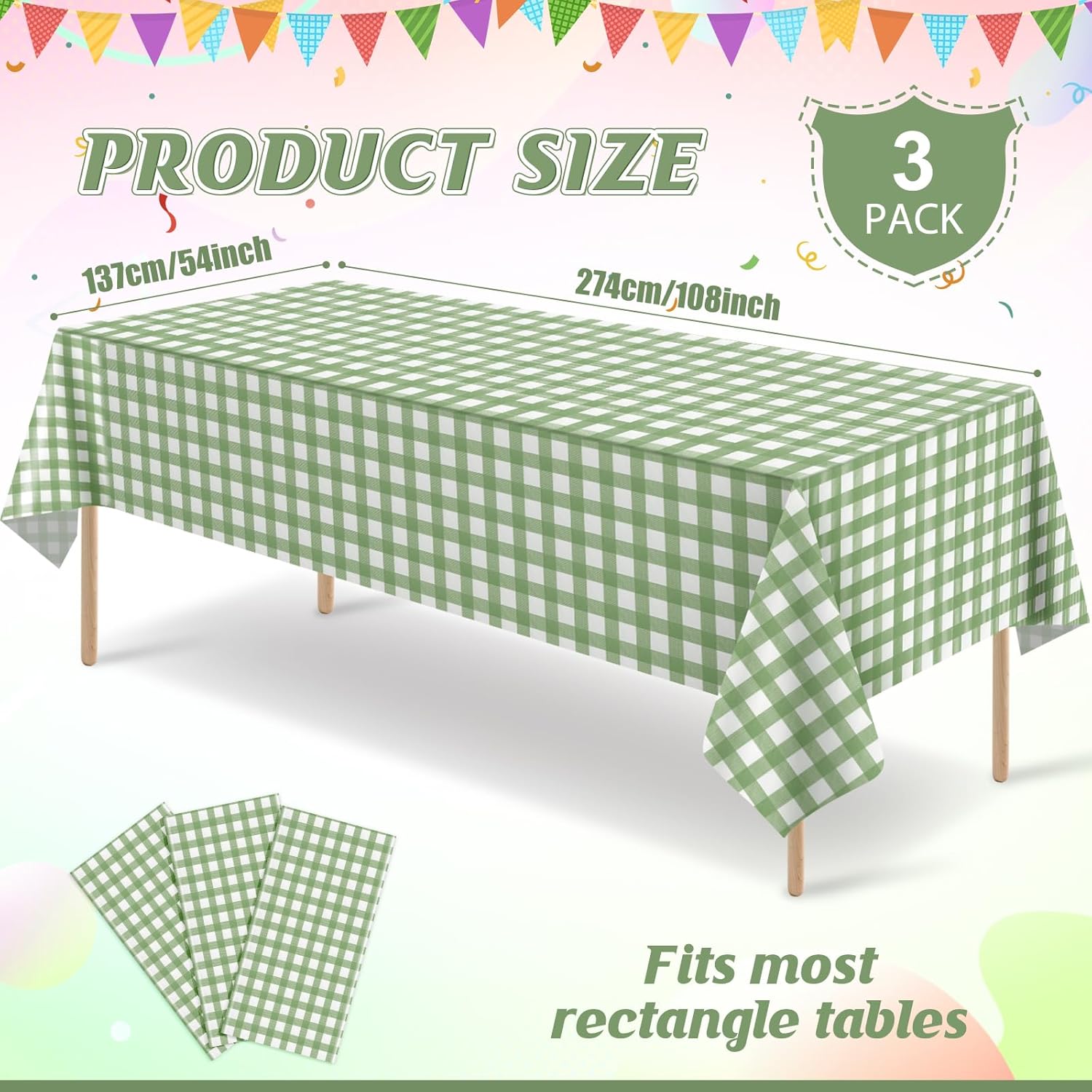 Regine Switzerland Sage Green Gingham Tablecloth - Disposable Plastic Checkered Cover for Parties | 54 x 108 Inch