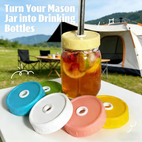 Mason Jar Lids, 6 Pack Wide Mouth Mason Jar Lid with Straw Hole for Ball Caning Jar - Drinking Coffee, Smoothies, Boba-Milk Tea, Dishwasher-safe & Leak-proof