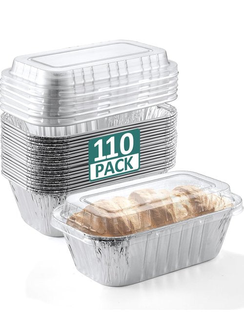 NEEBAKE 110 Pack 6x3.5x2 Disposable Aluminum Loaf Pans with Lids - 1 Lb Mini Loaf Pans, Small Aluminum Tin Foil Baking Pan, Food Containers for Baking, Cakes, Bread, Meat, Loaves