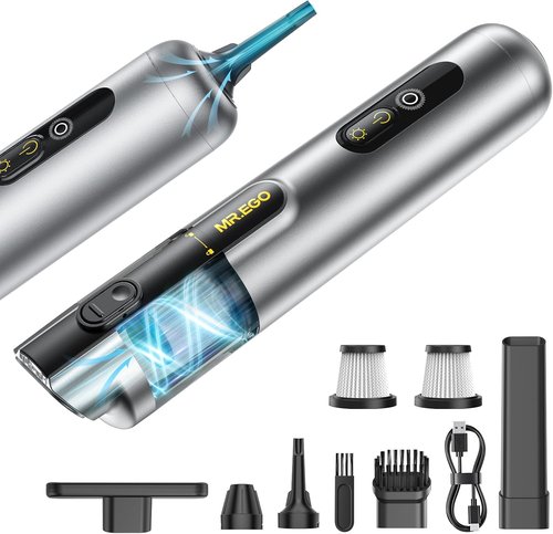 Mr.ego Handheld Car Vacuum - Portable 4-in-1 Mini Vacuum with 18500Pa Suction | Silver with Green LED Light