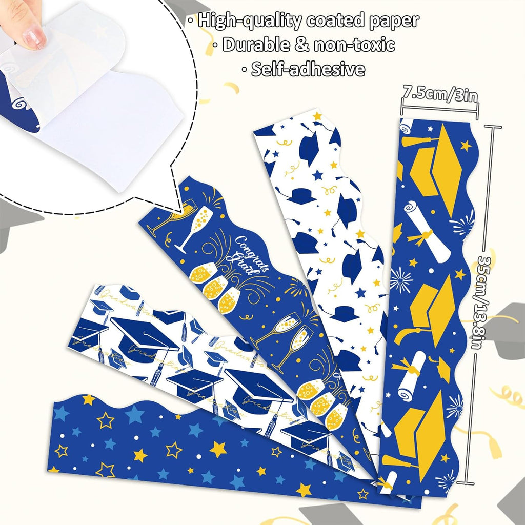 Whaline Graduation Bulletin Board Border - 69Ft Blue & Gold Cap & Star Design for Party Decor