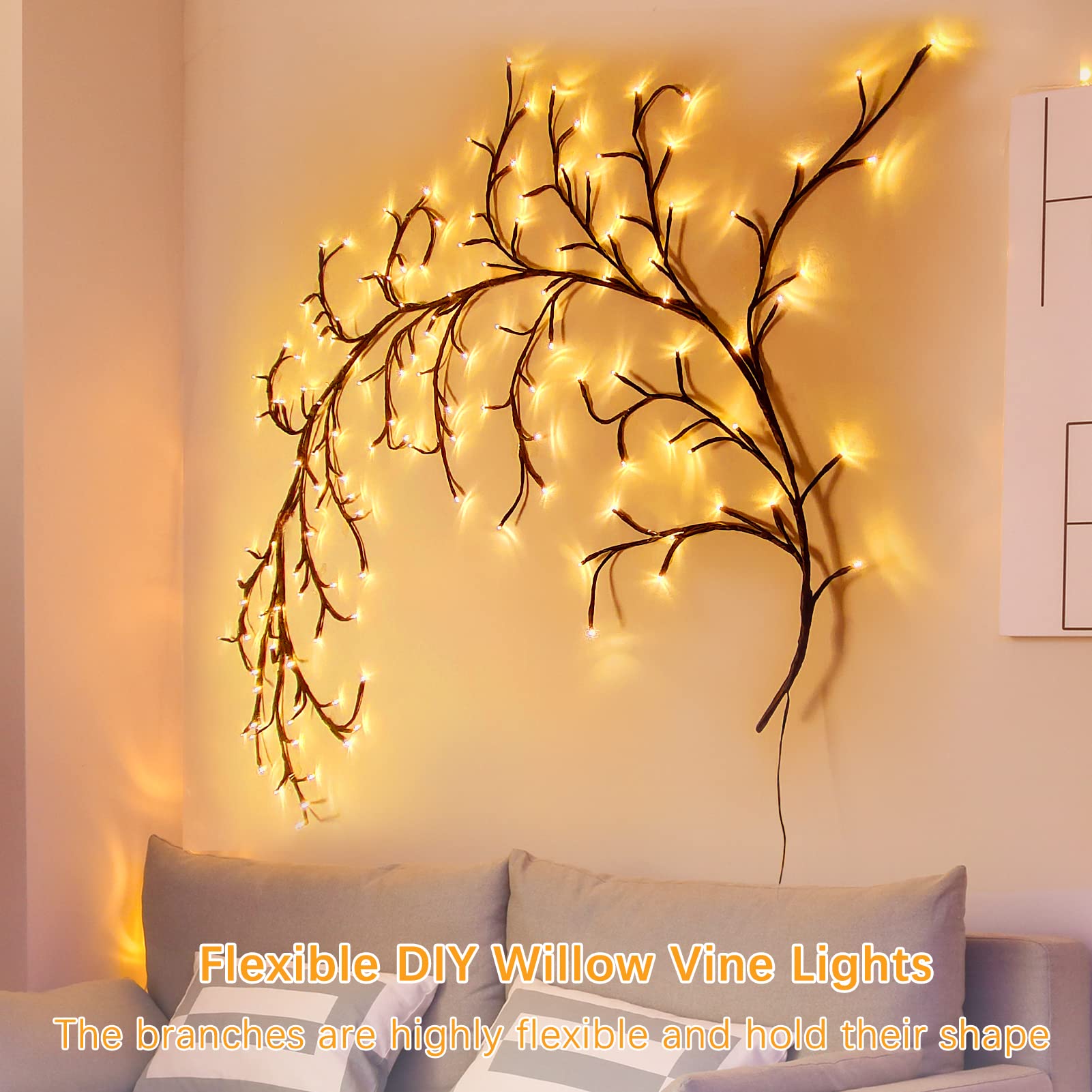 THKFUL Enchanted Willow Vine Lights with Remote, 8FT Willow Vine Tree Branch Lights Christmas Artificial Plants Tree Branches Light,144 LEDs Lighted Twig Vine Plug in for Room Home Outdoor(1PCS)