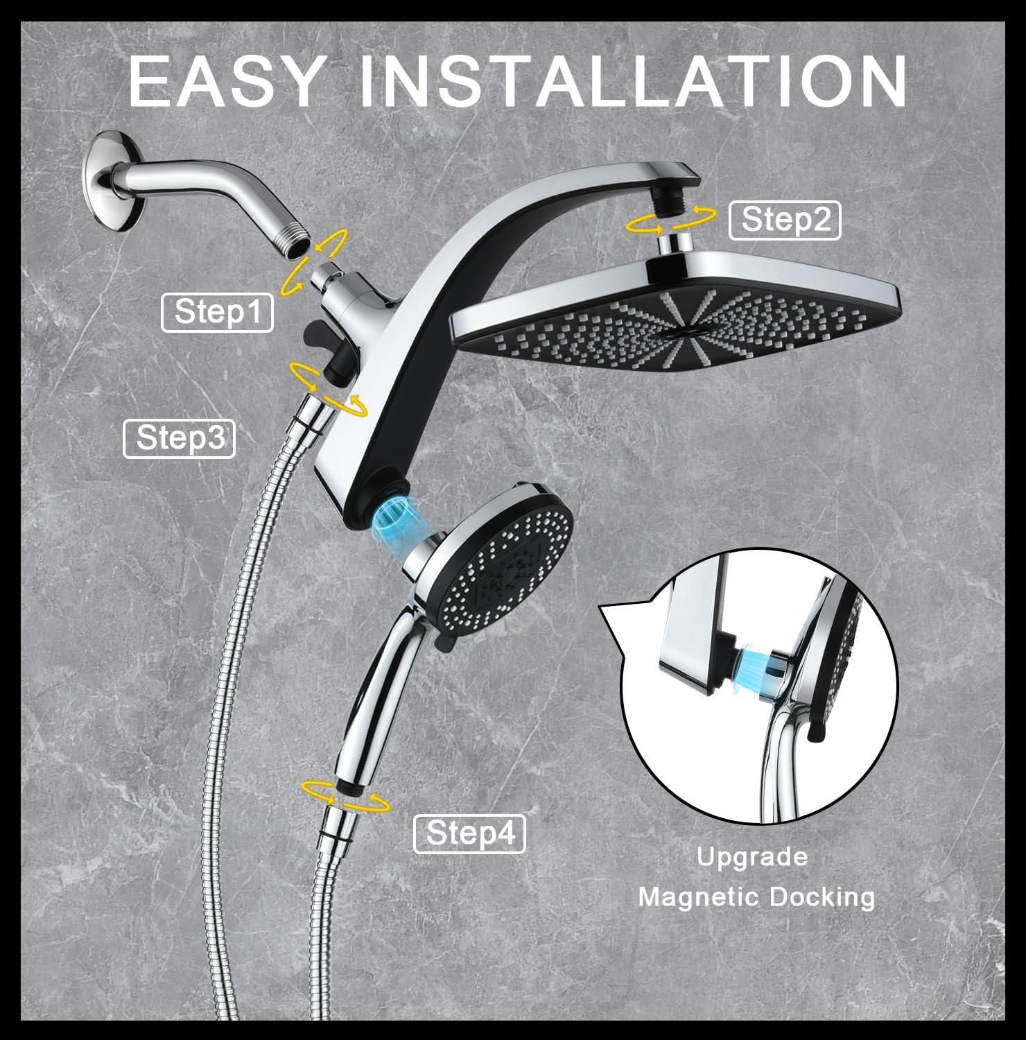 Skiennix High Pressure Rain Shower Head - Handheld Spray Combo with 10 Settings & Magnetic Docking