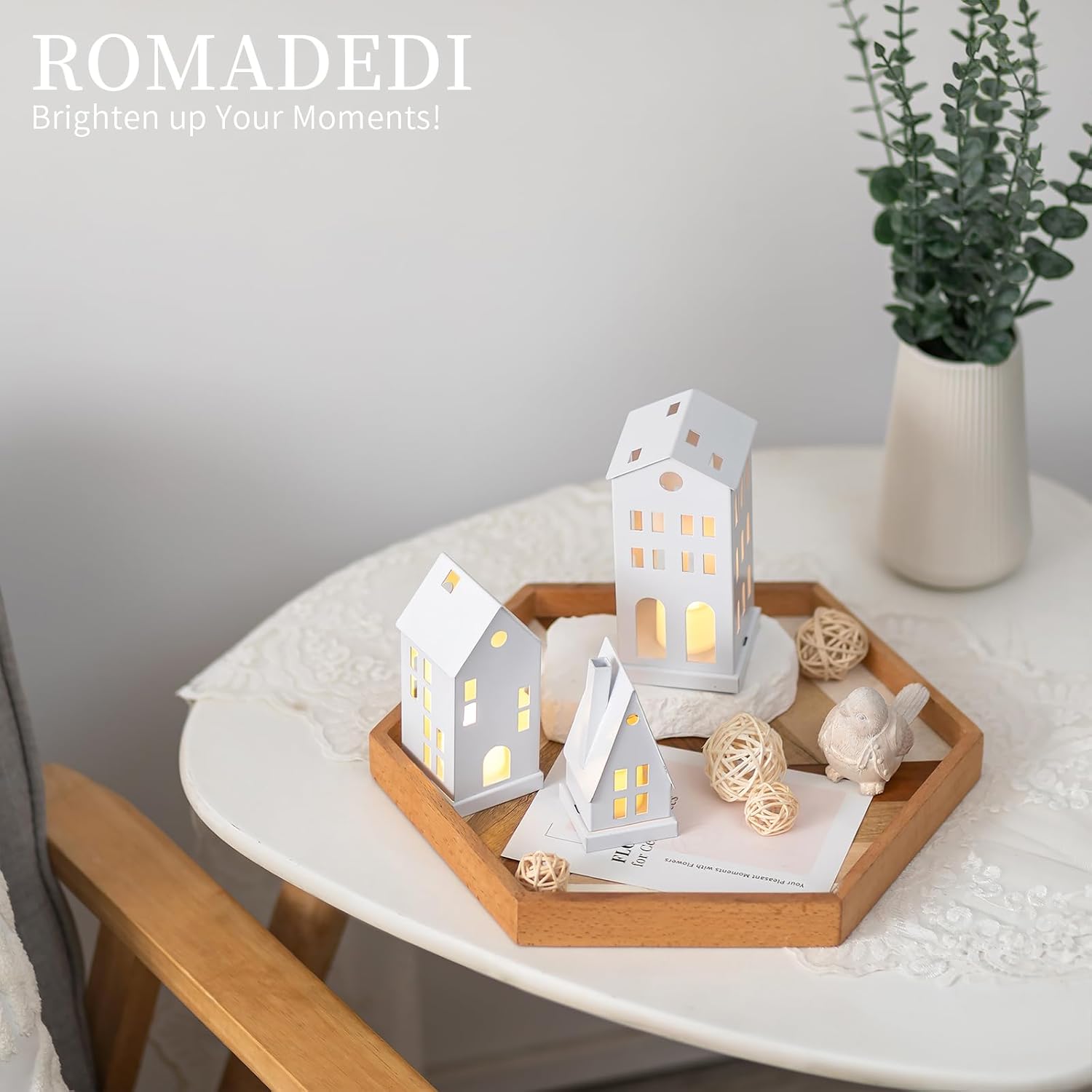 Romadedi Christmas Village Houses - White LED Candle Holders | Set of 3 Light-Up Decorations for Home Decor