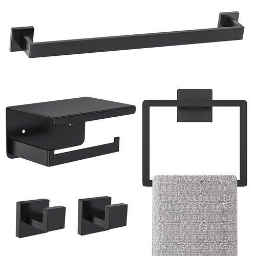 Matte Black Bathroom Hardware Accessories Set 5-Pieces Black Towel Bar Set Stainless Steel Towel Holder Set 16 Inch Towel Bar,Towel Racks Set for Bathroom Wall Mounted