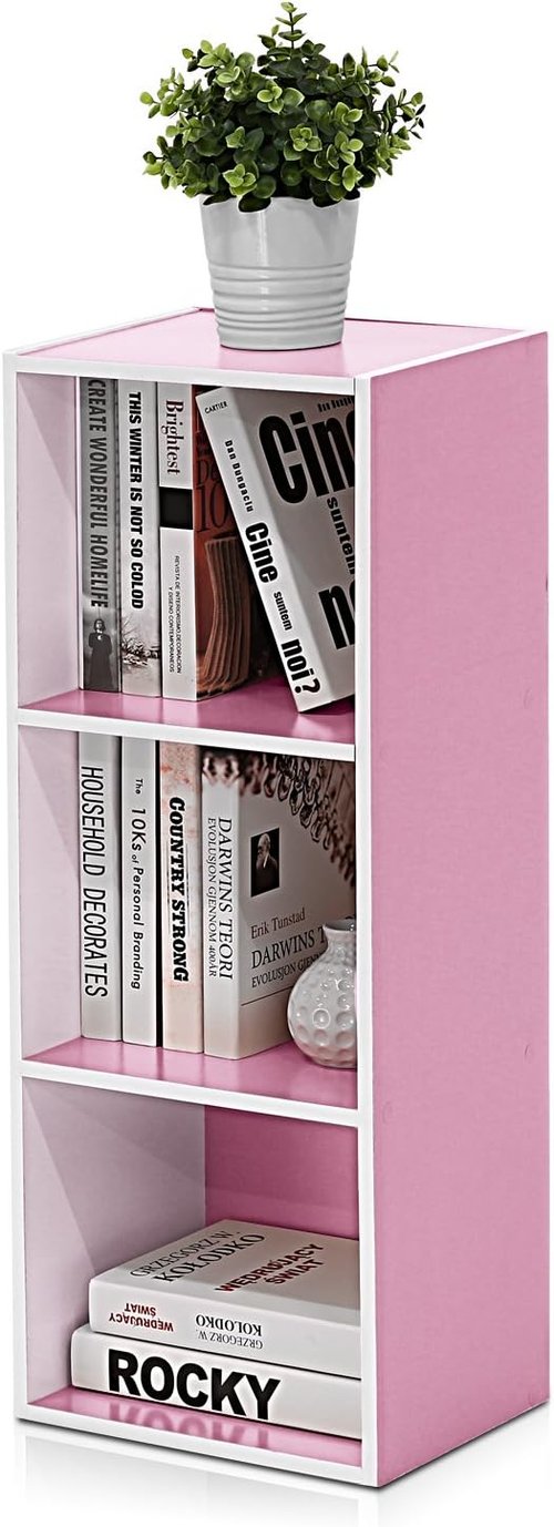 Furinno LUDER 3-Cube Bookshelf - Stylish Open Shelves for Living Room, Bedroom, Home Office | White/Pink, Easy Assembly