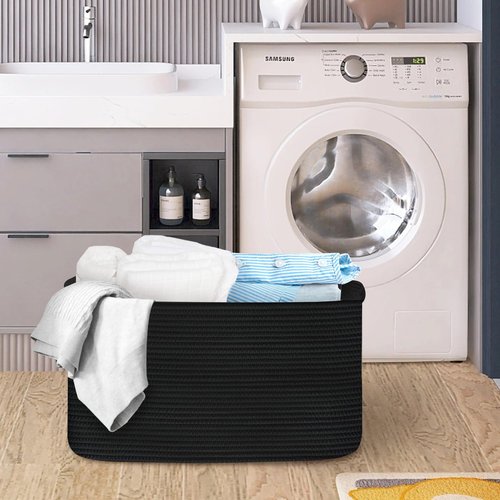 HONCESTA Extra Large Black Basket, 22" X 17" X 12" Rectangle Woven Bin for Storage, Soft Cotton Rope Kids Room Toy Box Bins, Big Wicker Basket Organizer for Blankets, Pillows, Laundry