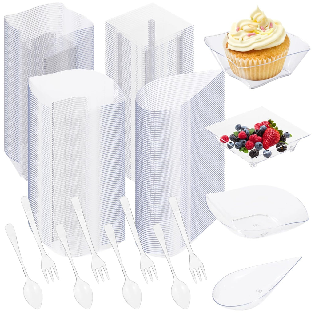 800 PCS Mini Appetizer Plates, Includes 400 Assorted Mini Dessert Plates in 4 Shapes, 200 Spoons, 200 Forks, Elegant Tasting Dishes for Party, Buffet, Wedding