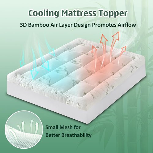 DOWNCOOL 3-Inch Queen Mattress Topper - Cooling Memory Foam for Back Pain Relief | Breathable Bamboo Viscose, Deep Pocket Fits 8-21 Inches