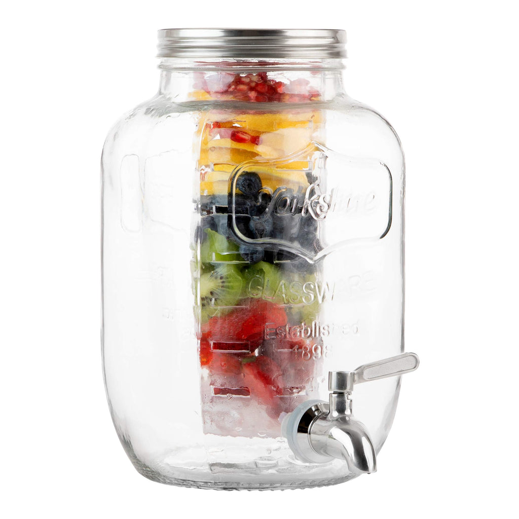 2 Gallon Glass Beverage Dispenser with Ice and Fruit Infusers, Stainless Steel Spigot and Metal Lid, Wide Mouth Mason Jar Drink Dispenser, for Iced Tea, Kombucha Brewing and more