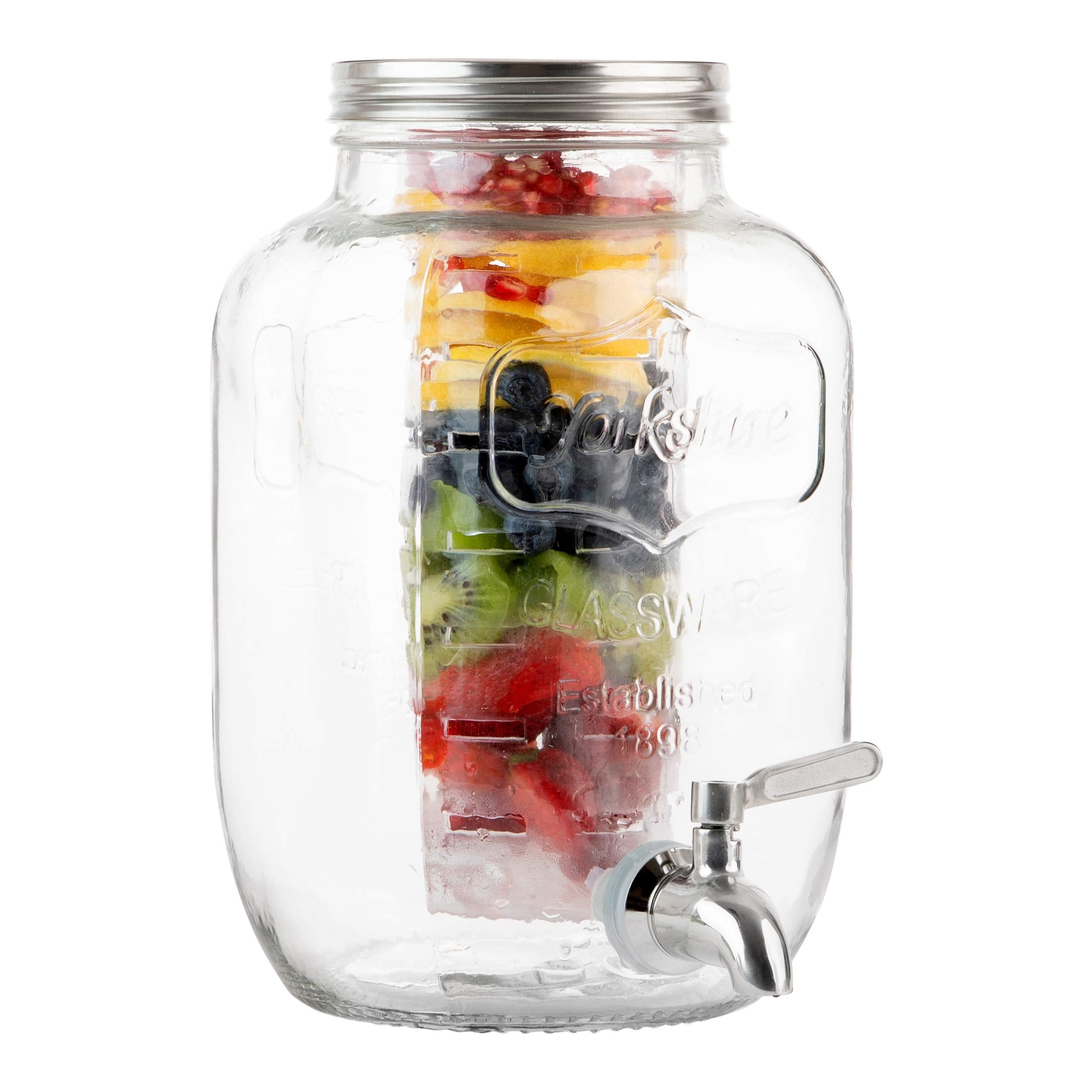 2 Gallon Glass Beverage Dispenser with Ice and Fruit Infusers, Stainless Steel Spigot and Metal Lid, Wide Mouth Mason Jar Drink Dispenser, for Iced Tea, Kombucha Brewing and more