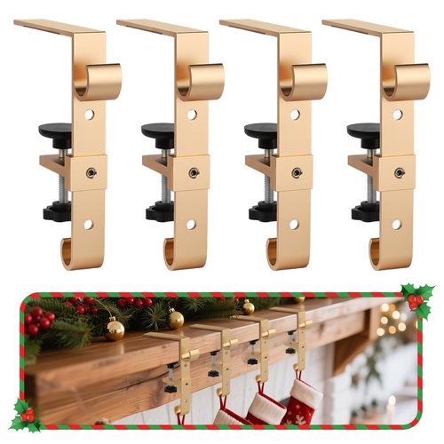Acrridi Stocking Hangers for Mantel,4 Pcs 2 in 1 Adjustable Fireplace Christmas Stocking Holder,No-Drill, Easy to Install Garland Hanger for Christmas Decorations,Fits 0.1”-3.5”Mantles (Gold, 4)