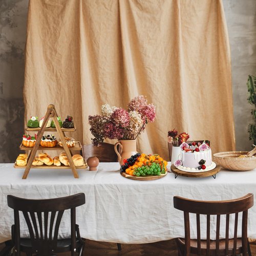 Havawish 5 Pcs Wooden Dessert Table Display Set, Farmhouse 2 Tier Cupcake Stand 3 Tier Wood Cake Tower Round Serving Tray Food Platter for Tea Party Wedding Farmhouse Decoration