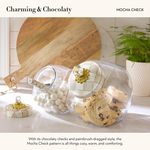 MACKENZIE-CHILDS Sweets Jar with Enamel Lid, Small Glass Cookie Jar or Kitchen Jar, 0.5-Gallon Capacity, Brown-and-White Mocha Check