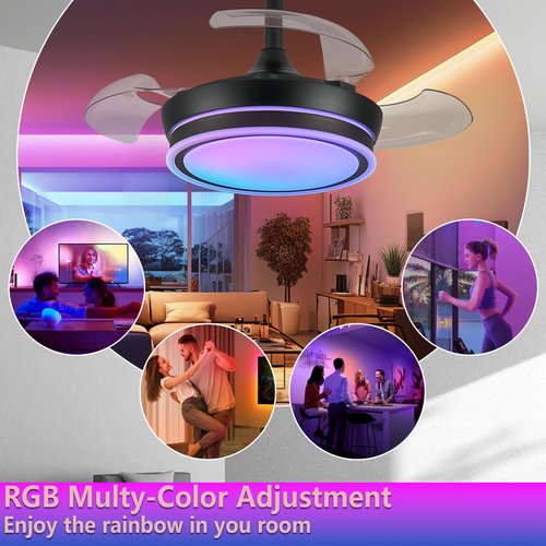 Zynfandor 30" RGB Retractable Fandelier Ceiling Fan Dimmable Chandelier Ceiling Fans with Lights and Remote APP Control for Living Dinning Room Bedroom Black